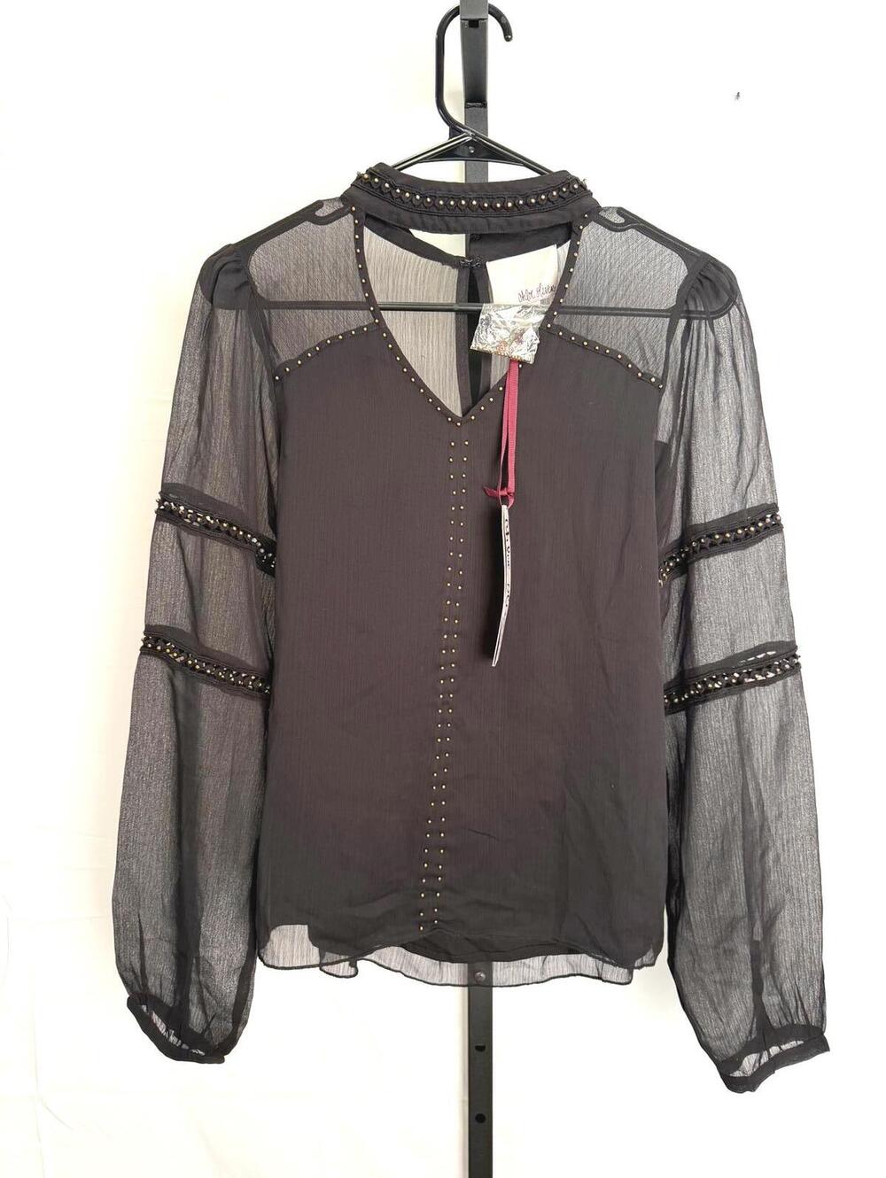 NWT Chloe Oliver Black Sheer Long Sleeve Blouse with Stud Details XS